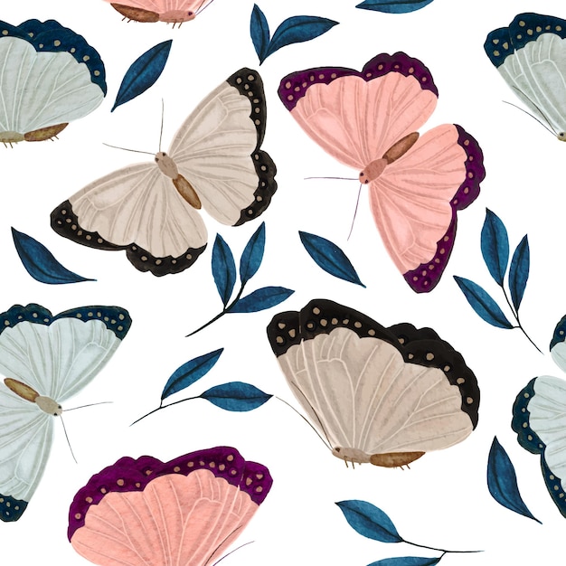 Trendy watercolor seamless pattern with pink blue butterfly and leaves