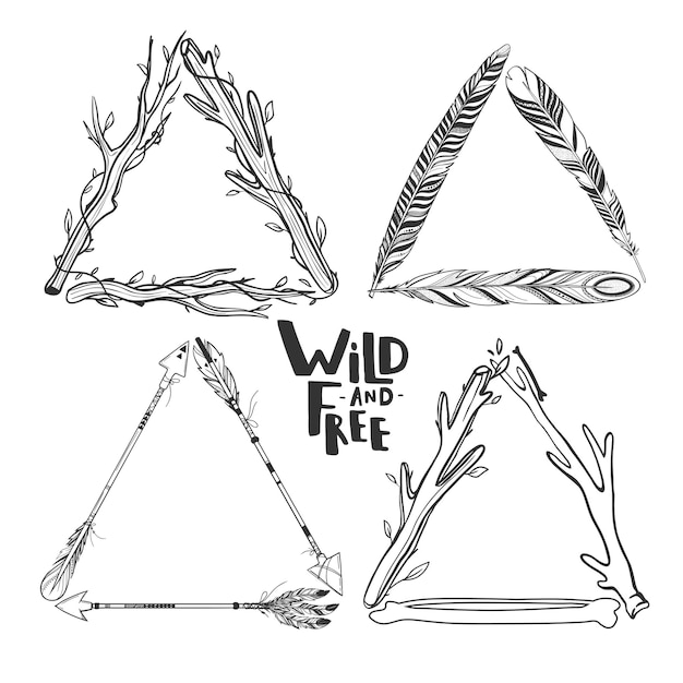 Triangle boho frames. Vector tribal frames with feathers, bones and floral elements.