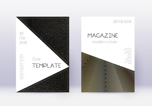 Triangle cover design template set. Gold abstract lines on black background. Immaculate cover design. Resplendent catalog, poster, book template etc.