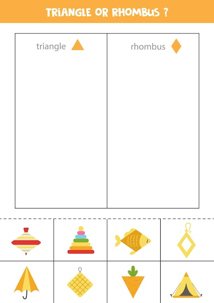 Triangle or rhombus. Sort by shape. Educational game for learning basic shapes.