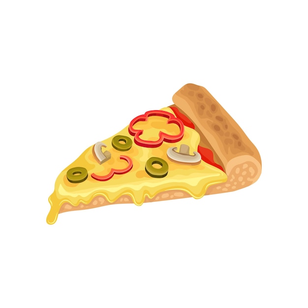 Triangle slice of classic pizza with cheese tomato sauce green olives mushrooms and pepper Appetizing fast food Flat vector icon