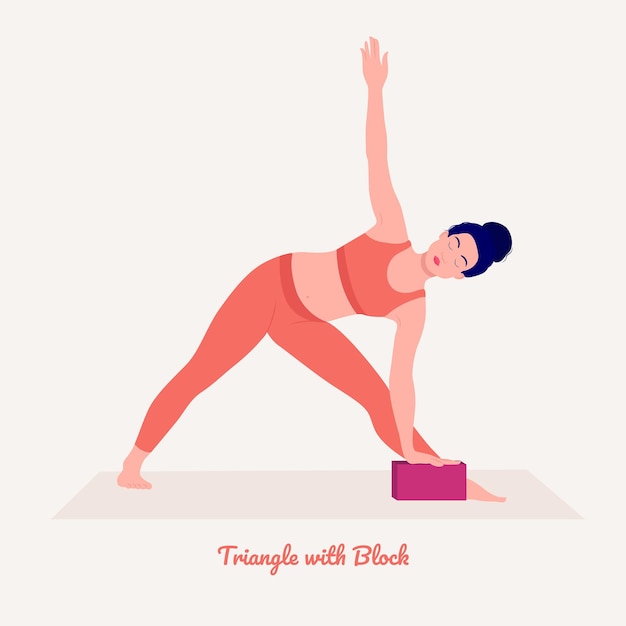 Triangle with Block Yoga pose Young woman practicing yoga exercise