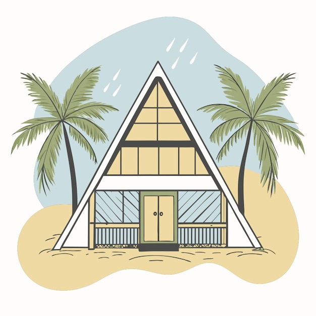 Vector triangular scandinavian cabin with a thatched roof and big windows two floors surrounded by palm