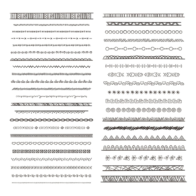 Vector tribal borders illustrations in boho style.  collection isolate. hand drawn pictures monochrome border ethnic tribal ornament pattern