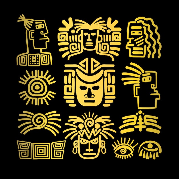 Tribal face icons set, golden symbols