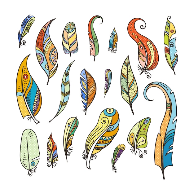 Tribal feathers coloring. Doodle pictures isolated on white