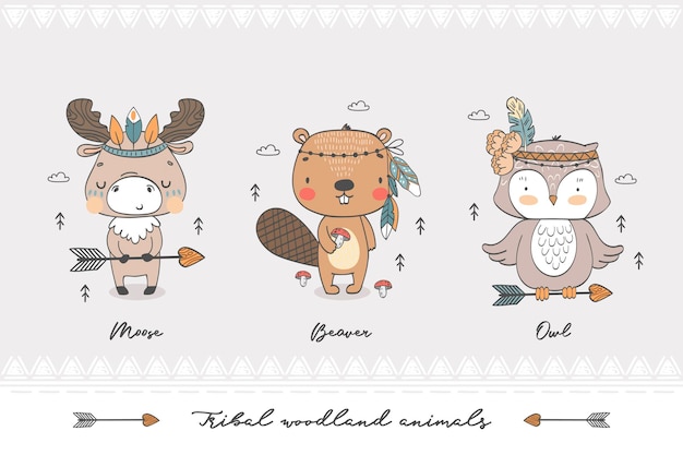 Tribal forest animals hand drawn illustration characters