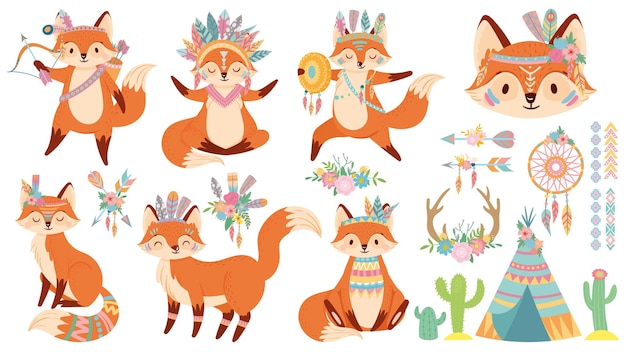 Tribal fox. Cute foxes, indian feather warbonnet and wild animal cartoon illustration set.