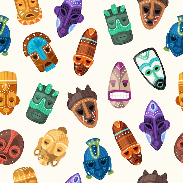 Tribal mask ethnic seamless pattern  illustration.   African warriors wooden face masks on human head or ceremonial afro totem with ancient horror ornament, traditional texture