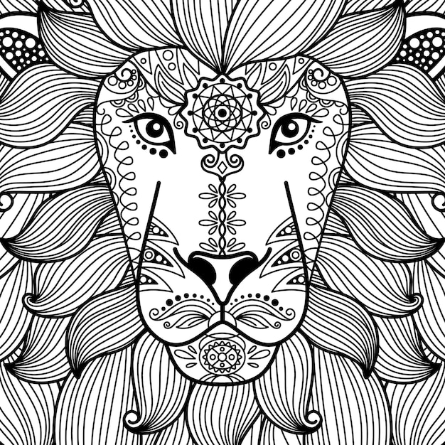 Tribal ornamental black and white lion head