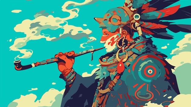 Vector tribal shaman with pipe stylized illustration