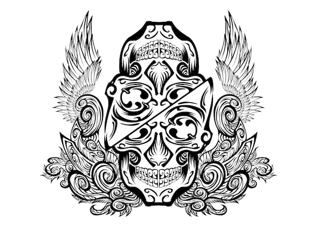 Tribal skull tattoo with wings vector