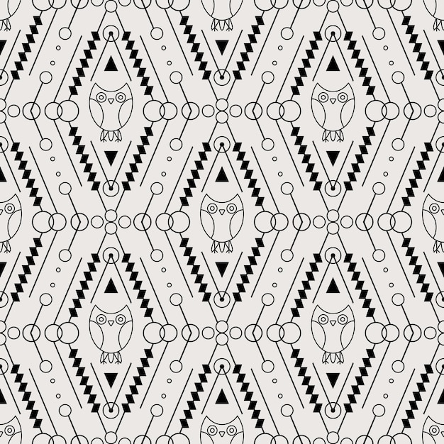 Vector tribal vector pattern ethnic seamless texture with geometric ornament and owl emblem