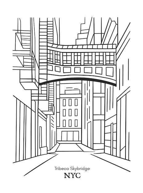 Tribeca skybridge New York city real estate neighborhood on line art vector illustration