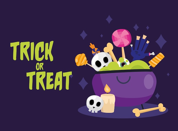 Trick or treat candies inside witch bowl design, Halloween scary theme