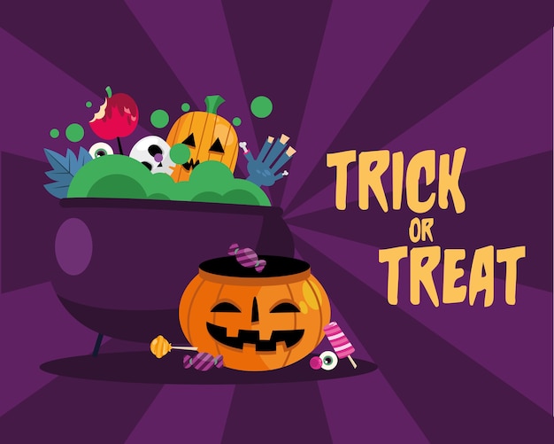 Trick or treat candies inside witch bowl and pumpkin design, Halloween scary theme