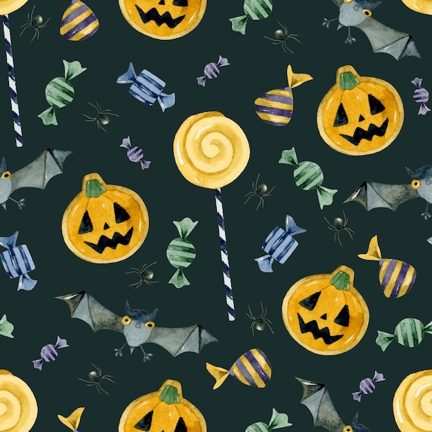 Trick or treat candies pumpkincookies and bats seamless pattern wallpaper