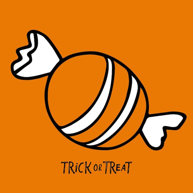 Trick or Treat card. Hand drawn lettering with candy. Happy Halloween linear vector Illustration