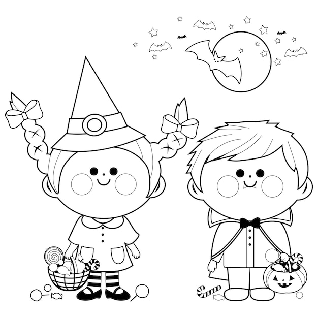 Vector trick or treat children in halloween costumes with candy vector black and white coloring page