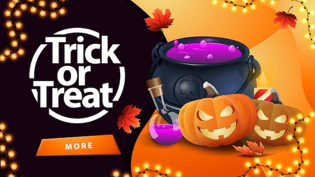 Trick or treat, greeting orange card with button, witch's cauldron and pumpkin Jack