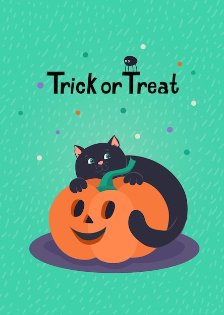 Trick or treat Halloween greeting card with cute black kitten and jack o lantern pumpkin