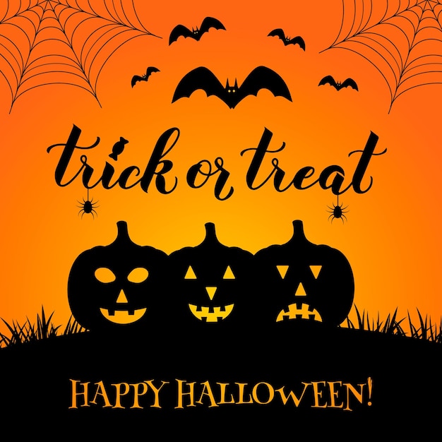 Trick or Treat Halloween quote hand lettering with pumpkins bats spiders and web Easy to edit vector template for greeting card banner typography poster party invitation postcard etc