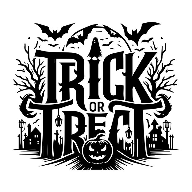 Vector trick or treat halloween typography design silhouette vector illustration isolated on a white background