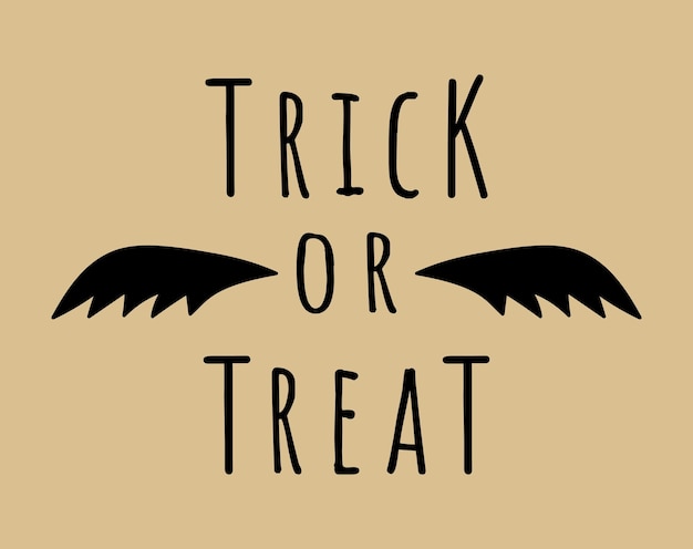 Trick or treat lettering. Doodle halloween vector sticker. Bat wings illustration