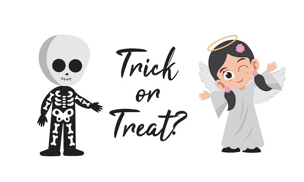 Trick or treat lettering with cute kids in skeleton and angel costumes vector illustration