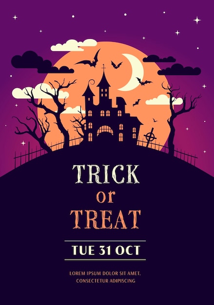 Trick or treat poster with castle bats and graveyard