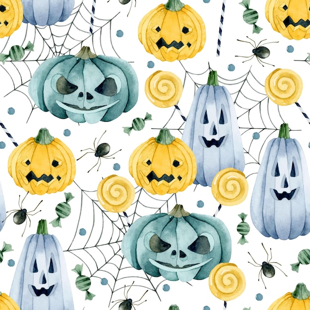 Trick or treat pumpkins and candies on spiderweb seamless pattern on white background