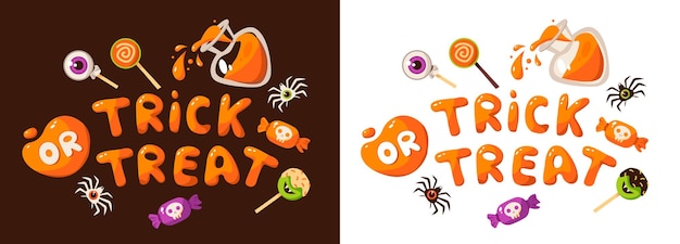 Trick or treat text. Halloween banner or party invitation background. Sweets, spiders and potions.