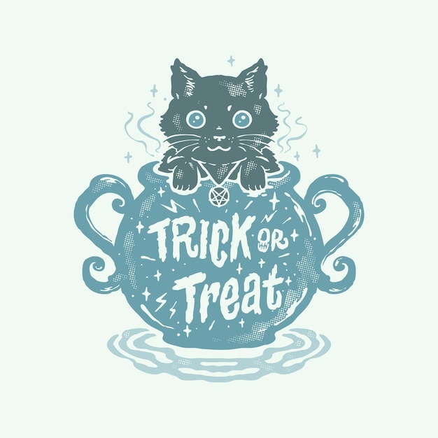 Trick or treat wizard cauldron cat illustration