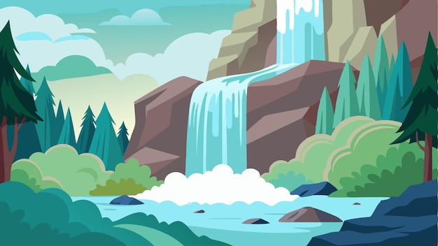 Vector trickling waters cascade down a rocky waterfall creating a serene white noise in the tranquil forest