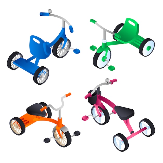 Tricycle icon set. Isometric set of tricycle