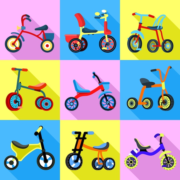 Tricycle icons set. Flat set of tricycle vector