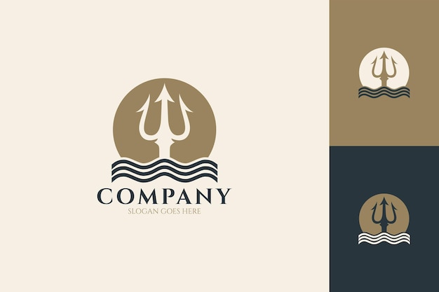 Trident and waves logo on sun or moon background flat design style in gold blue and white colors