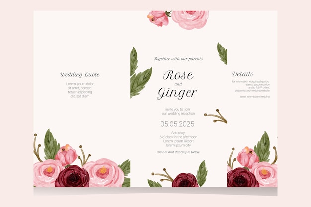 trifold brochure with red rose  watercolor flower