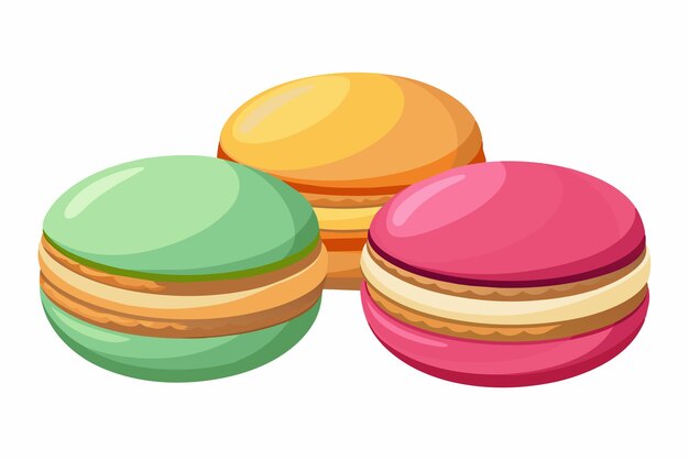 Vector a trio of macarons features vibrant colors green yellow and pink each macaron showcases a smooth exterior tempting desserts perfect for celebrations or casual treats