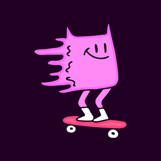 Trippy cat character riding skateboard cartoon, illustration for t-shirt, sticker.