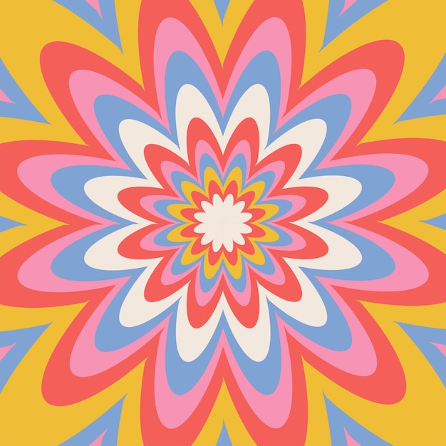 Trippy infinite flower optical illusion background design in bright groovy colors contour vector ill