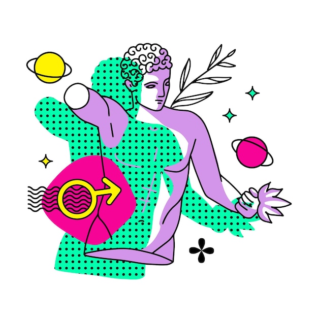 Trippy male character greek ancient statue with planet and surreal elements vector linear illustrati