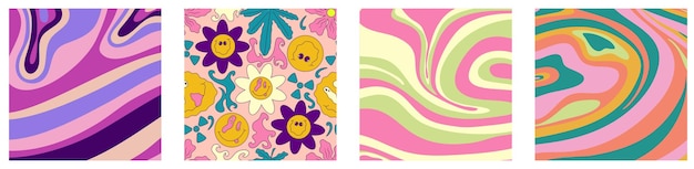 Trippy trendy background set Psychedelic design y2k 70s hippie style Abstract floral illustration Vector illustration design Psychedelic groovy wave