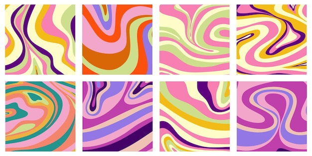 Trippy trendy background set Psychedelic design y2k 70s hippie style Abstract floral illustration Vector illustration design Psychedelic groovy wave