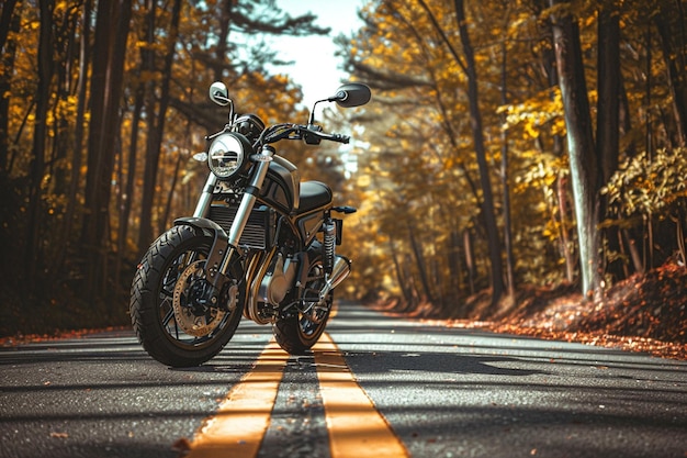 Vector triumph tiger xca on the road to beautiful sunset beach motorcycle parking on the road and forest