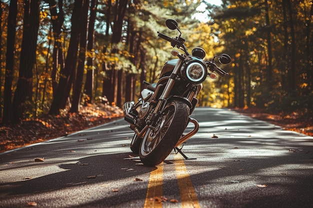 Vector triumph tiger xca on the road to beautiful sunset beach motorcycle parking on the road and forest