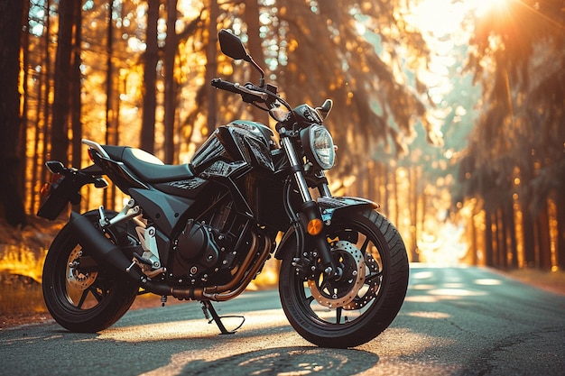 Vector triumph tiger xca on the road to beautiful sunset beach motorcycle parking on the road and forest