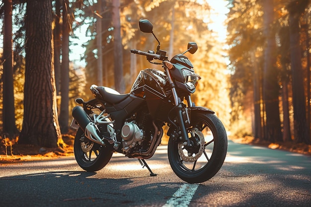 Vector triumph tiger xca on the road to beautiful sunset beach motorcycle parking on the road and forest