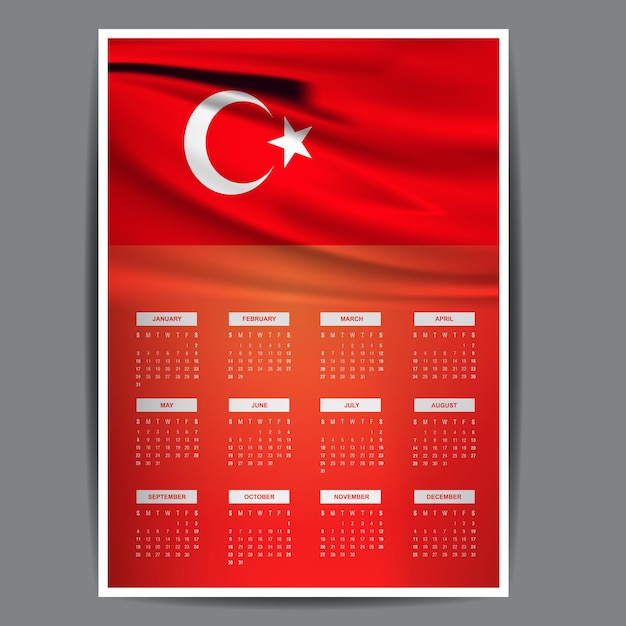 Trkiye Calendar with a month with Trkiye flag and all 12 months with red color gradient background