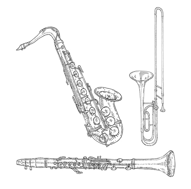 Trombone saxophone clarinet Vector vintage black engraving